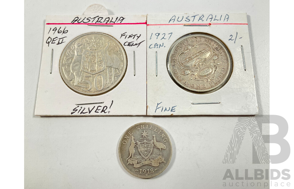 Australian 1927 KGV Silver Florin, Parliament House, 1918M KGV Silver Shilling, 1966 Round Silver Fifty Cent Coin
