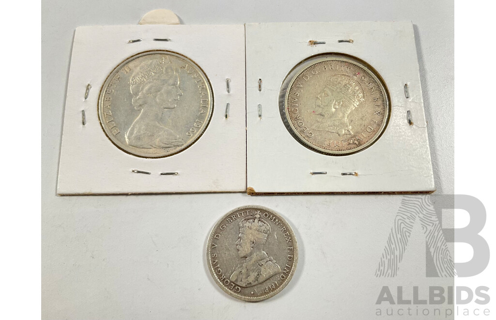 Australian 1927 KGV Silver Florin, Parliament House, 1918M KGV Silver Shilling, 1966 Round Silver Fifty Cent Coin
