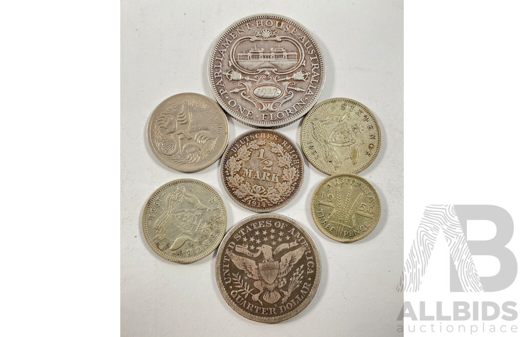 Australian 1927 KGV Silver Florin, Parliament House, Two 1951 Silver Sixpence, 1950 Threepence, 1969 Five Cent Coin, USA 1899 Silver Quarter, Germany 1914 Silver Half Mark