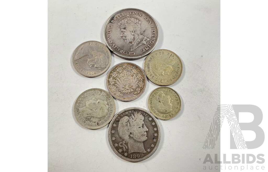 Australian 1927 KGV Silver Florin, Parliament House, Two 1951 Silver Sixpence, 1950 Threepence, 1969 Five Cent Coin, USA 1899 Silver Quarter, Germany 1914 Silver Half Mark