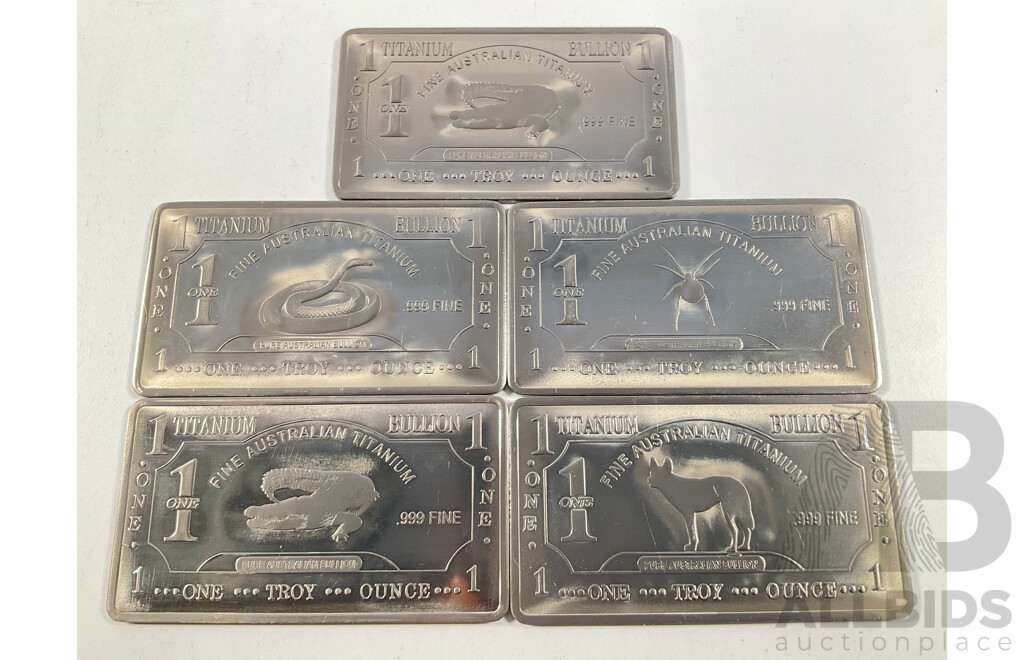 Five Australian Titanium Bullion One Troy Ounce Ingots