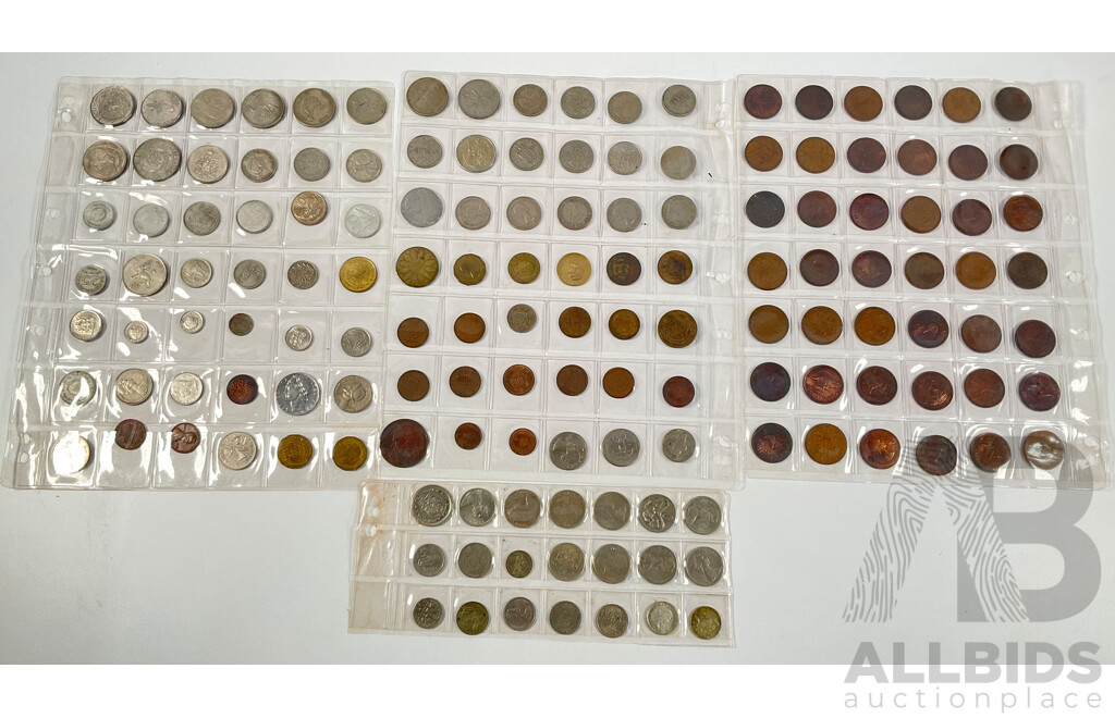 Collection of International Coins Including Australian Two 1963, 1960 Silver Sixpence, 1951 Threepence, Half Pennies, New Zealand, United Kingdom, USA, South Africa Indonesia, Fiji and More