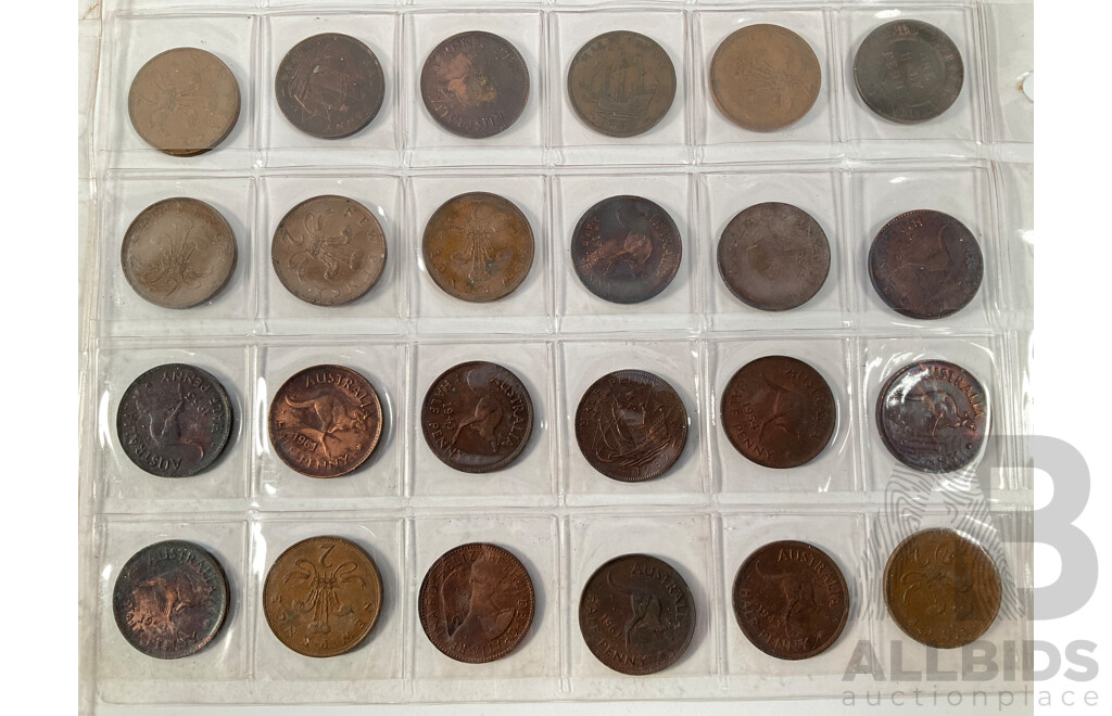 Collection of International Coins Including Australian Two 1963, 1960 Silver Sixpence, 1951 Threepence, Half Pennies, New Zealand, United Kingdom, USA, South Africa Indonesia, Fiji and More