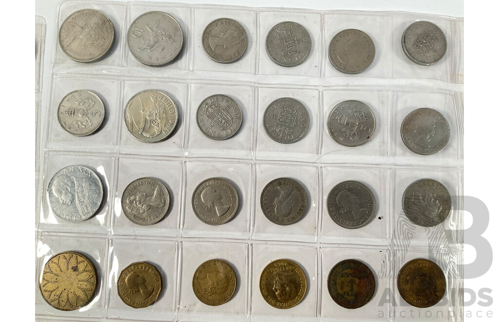 Collection of International Coins Including Australian Two 1963, 1960 Silver Sixpence, 1951 Threepence, Half Pennies, New Zealand, United Kingdom, USA, South Africa Indonesia, Fiji and More