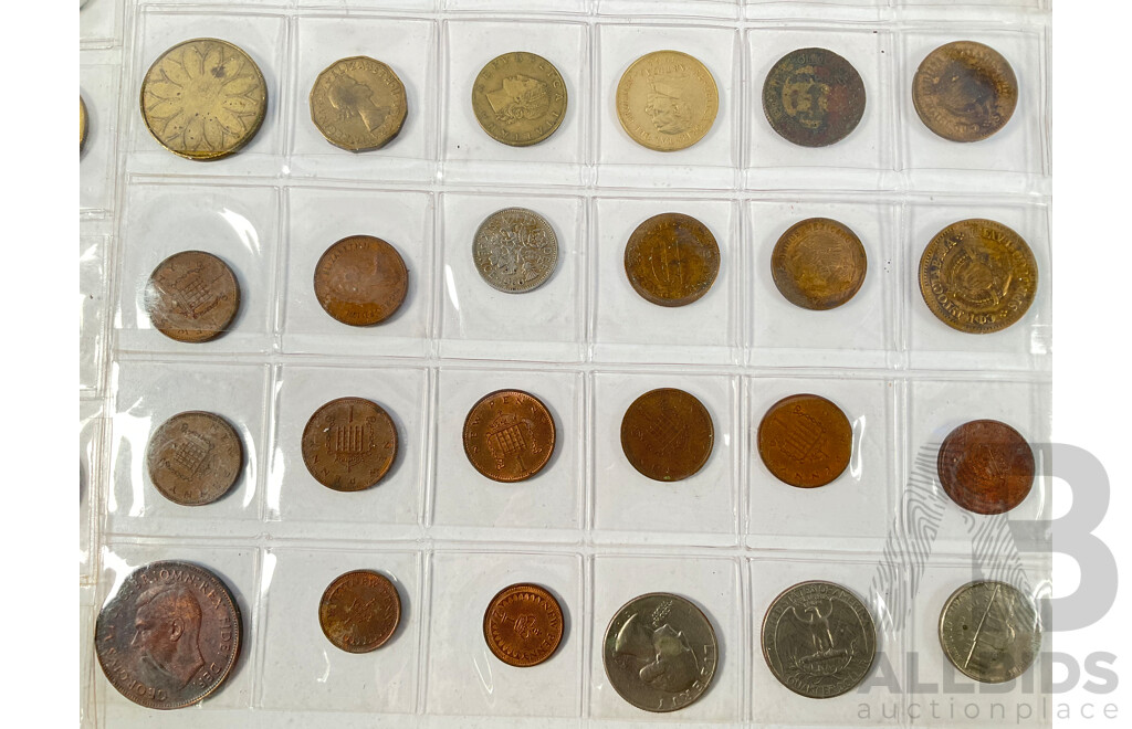 Collection of International Coins Including Australian Two 1963, 1960 Silver Sixpence, 1951 Threepence, Half Pennies, New Zealand, United Kingdom, USA, South Africa Indonesia, Fiji and More