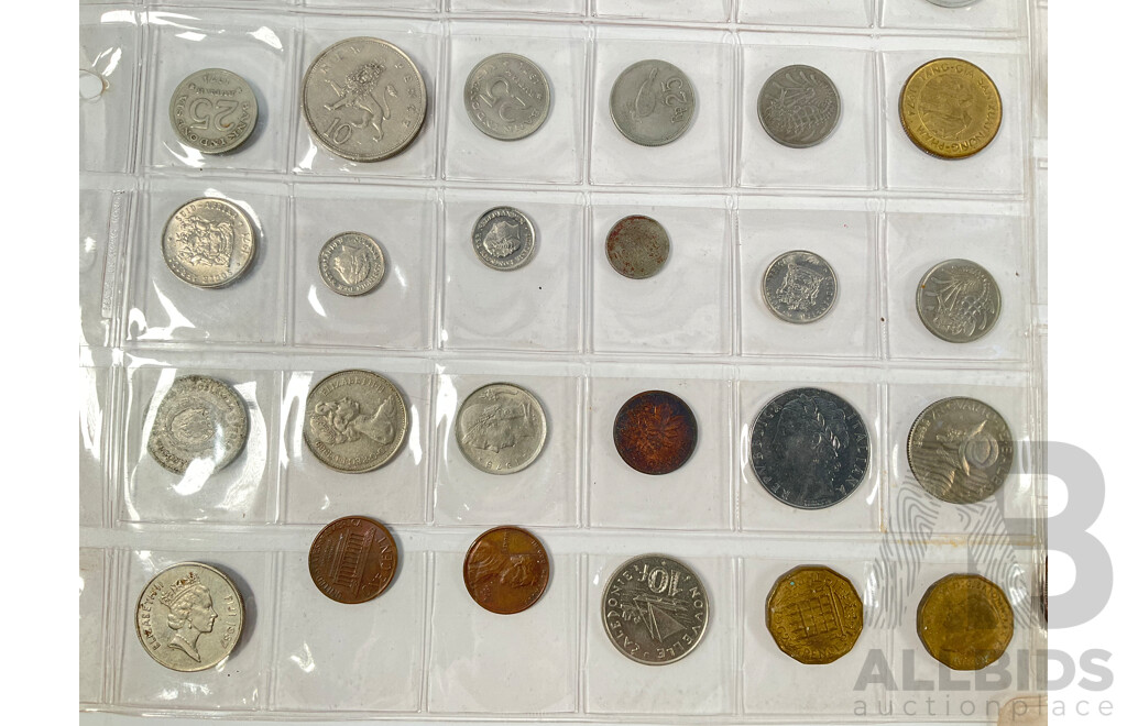 Collection of International Coins Including Australian Two 1963, 1960 Silver Sixpence, 1951 Threepence, Half Pennies, New Zealand, United Kingdom, USA, South Africa Indonesia, Fiji and More
