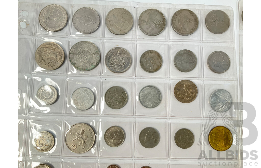 Collection of International Coins Including Australian Two 1963, 1960 Silver Sixpence, 1951 Threepence, Half Pennies, New Zealand, United Kingdom, USA, South Africa Indonesia, Fiji and More