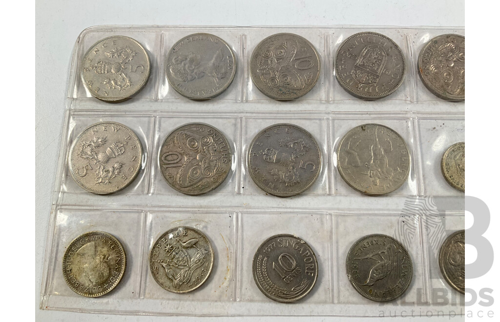 Collection of International Coins Including Australian Two 1963, 1960 Silver Sixpence, 1951 Threepence, Half Pennies, New Zealand, United Kingdom, USA, South Africa Indonesia, Fiji and More