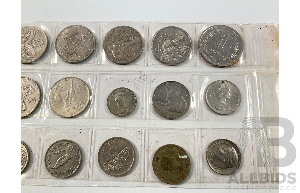 Collection of International Coins Including Australian Two 1963, 1960 Silver Sixpence, 1951 Threepence, Half Pennies, New Zealand, United Kingdom, USA, South Africa Indonesia, Fiji and More