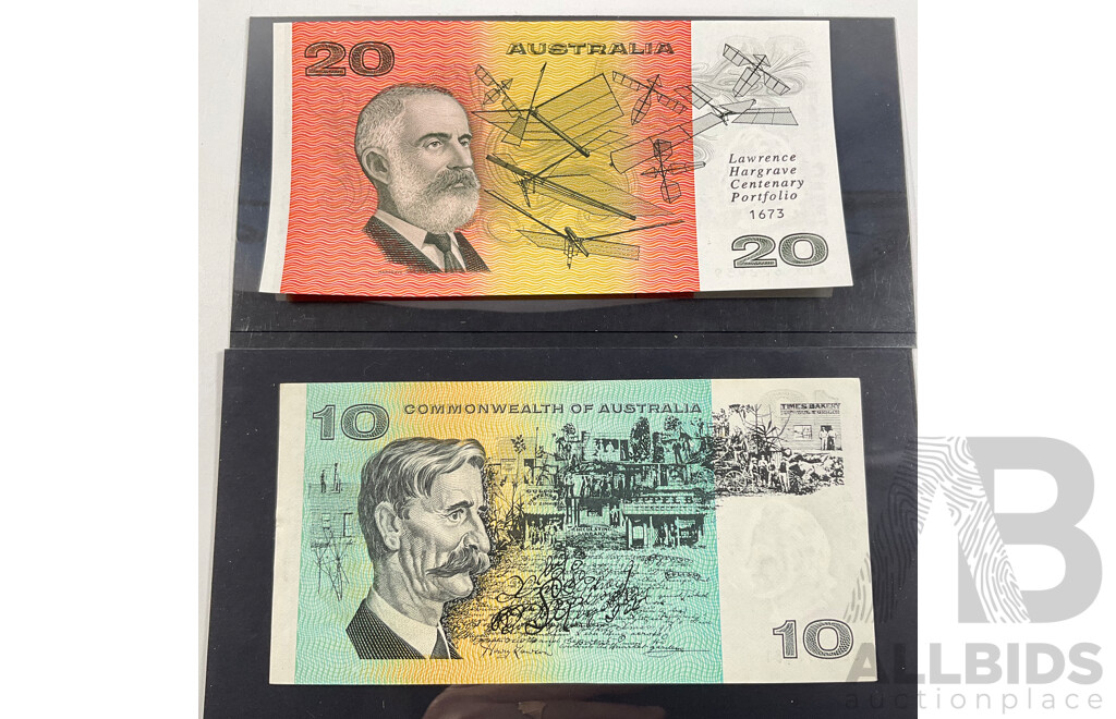 Australian 1993 UNC Twenty Dollar Note Fraser/Evans, Last Prefix ADK622939, Stamped Lawrence Hargrave Centenary Portfolio and 1968 Ten Dollar Note, Phillips/Randall