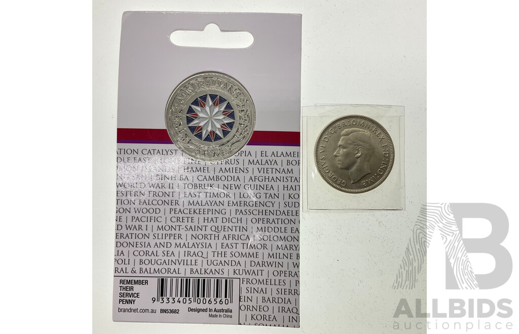 Australian 1943S Silver Florin and Red Poppy Remembrance Medallion