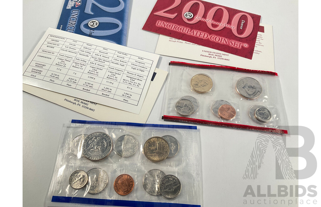 Australian 2016 UNC Five Dollar Note, Next Generation with USA 2000 Denver and Philadelphia UNC Coin Sets