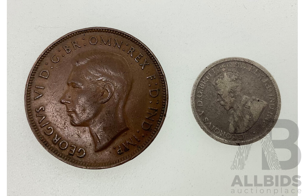 Australian 1946 KGVI Penny with 1918M Silver Sixpence