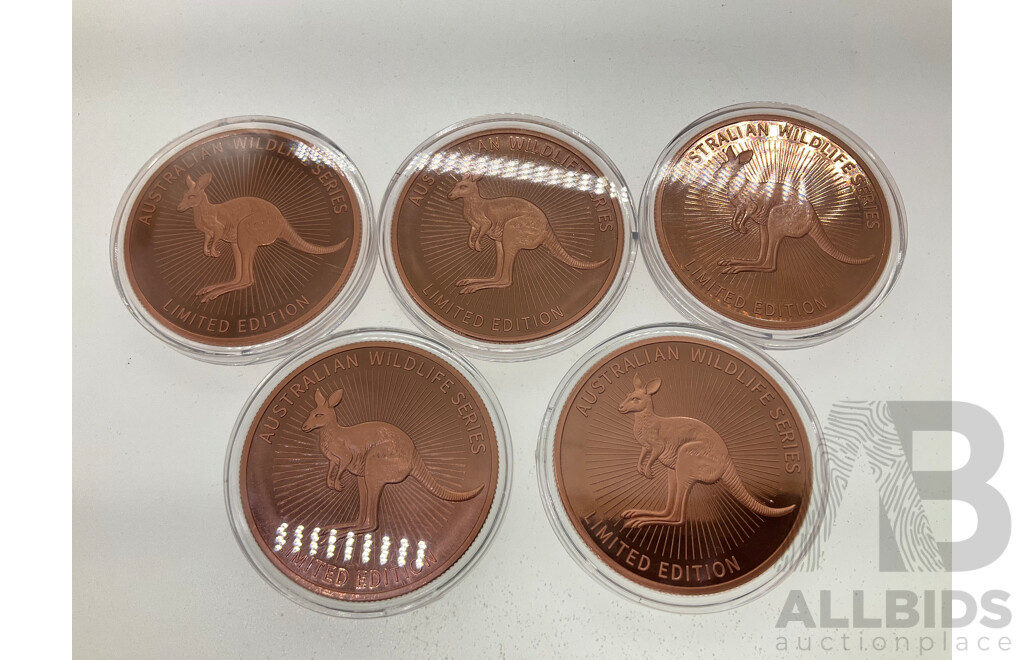 Five Australian 2026 Copper Wildlife Coins Including Quokka, Kangaroo, Koala, Wedge-Tailed Eagle, Kookaburra
