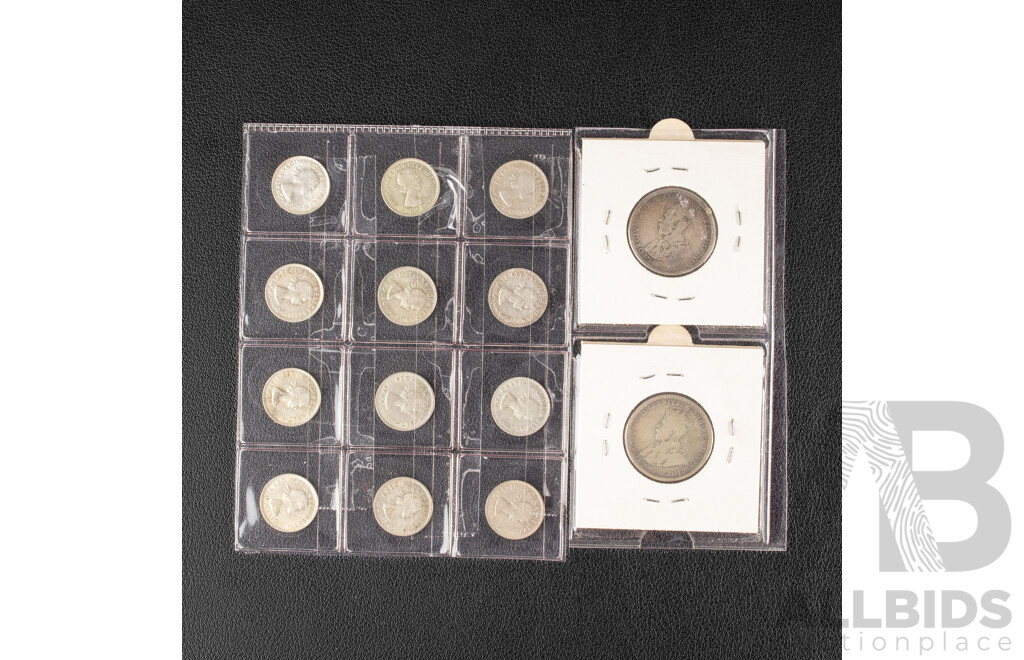 Australian 1911 and 1912 KGV Silver Shillings with Twelve QE2 Silver Threepence, Consecutive 1953 to 1964