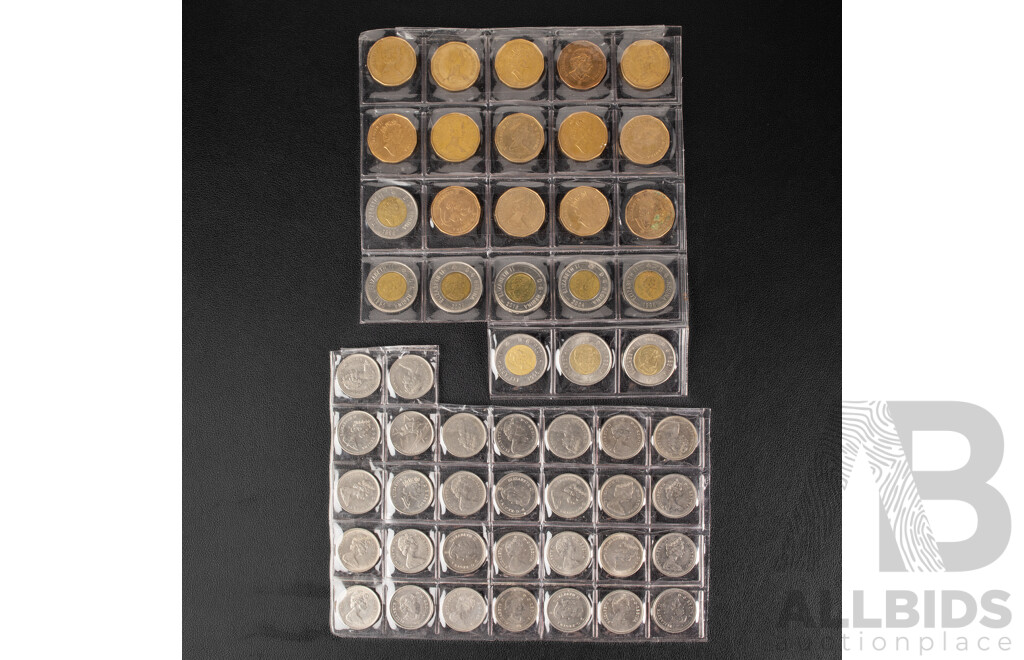 Collection of Canadian Coins Including Fourteen Loonie Dollars, Nine Bimetallic Two Dollars, Thirty Quarters