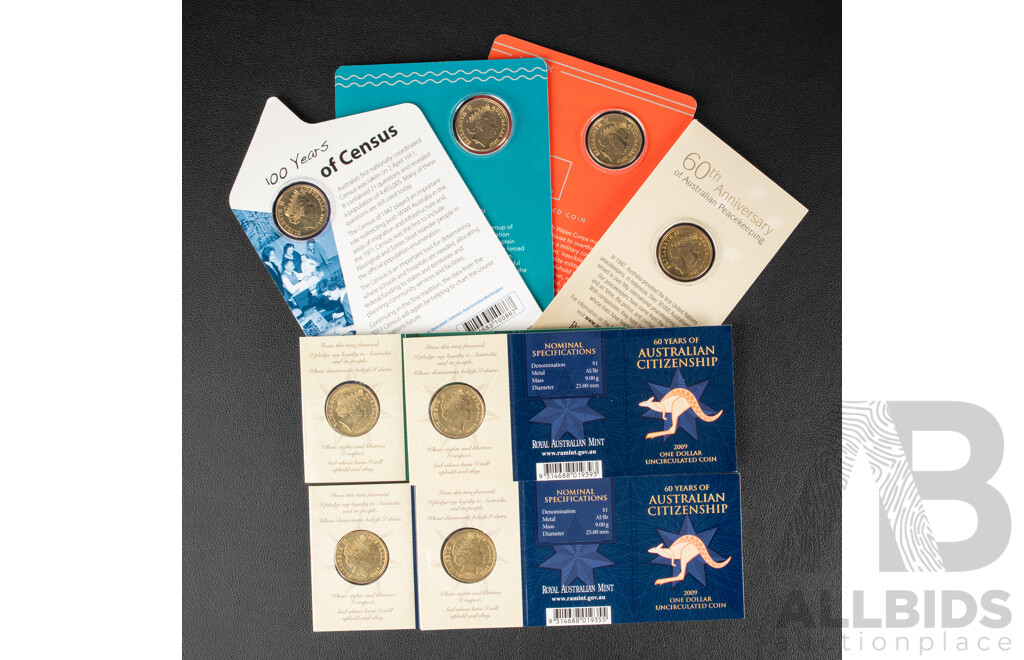 Eight Australian RAM UNC One Dollar Coins Including Two 2019 Mutiny and Rebellion, Five 2007 60th Anniversary of Peacekeeping, S, M, C, B Mint Marks, 2011 One Hundred Years of Census