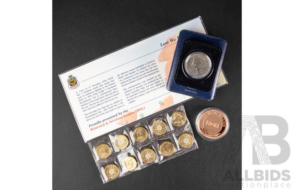 Ten Australian 2022 Two Dollar Coins, Frontline Workers, Red Metal Bullion One Ounce Copper Medallion, Remembrance, Laminated RSL 2012 Red Poppy Donation Certificate, Canada 1975 One Dollar Proof Coin