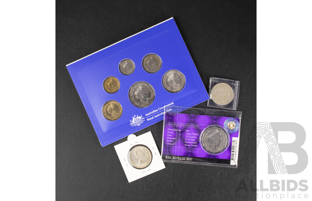 Two Australian Silver Florins, 1954 Royal Visit and 1963, 2020 Six UNC Coin Set, New Effigy Era, 2012 UNC Fifty Cent, QE2 Diamond Jubilee