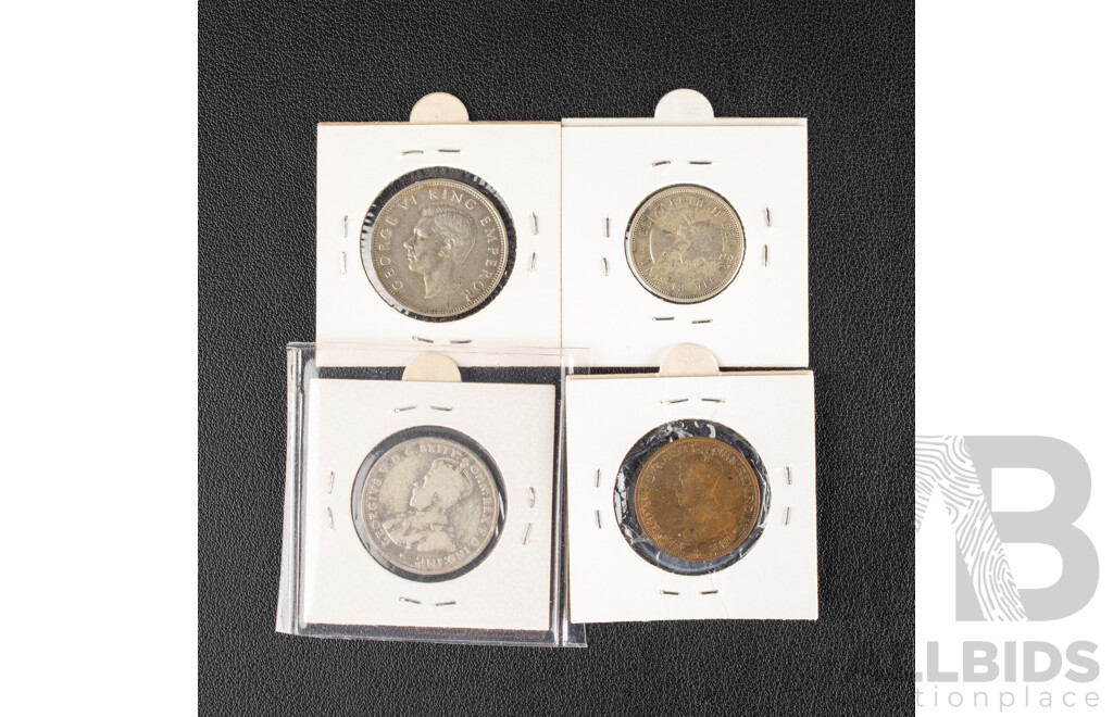 Australian 1914H KGV Silver Florin, 1915H KGV Half Penny, Canada 1964 Twenty Five Cents, New Zealand 1941 Florin