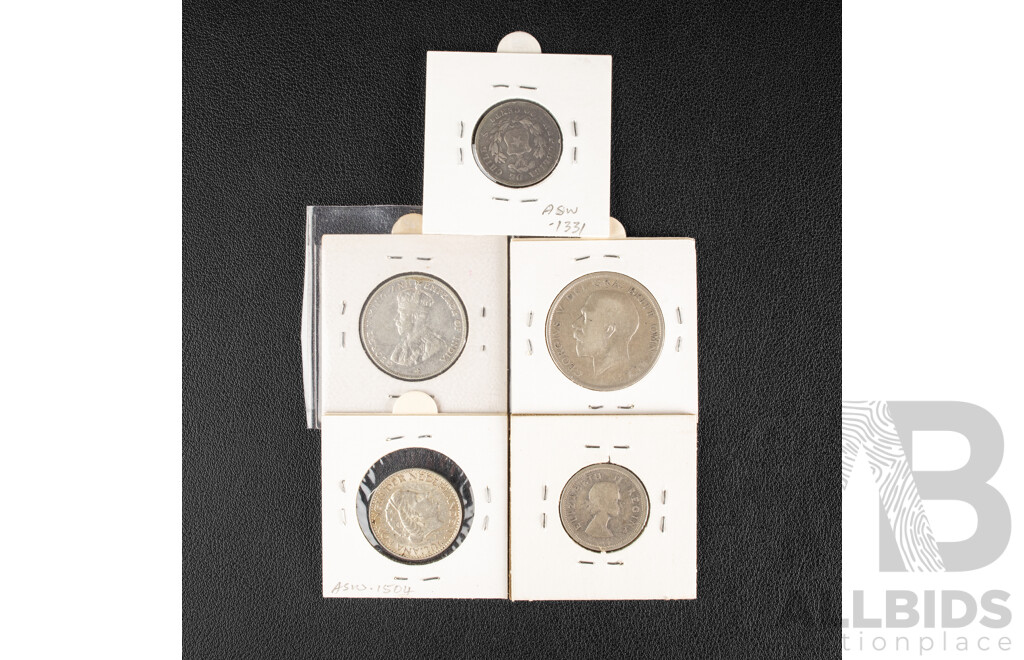 United Kingdom 1918 Silver Half Crown, British Malaysia 1920 Silver Fifty Cents, Netherlands 1957 Silver One Gulden, Chile 1873 Silver Twenty Centavos, South Africa 1956 Silver Shilling