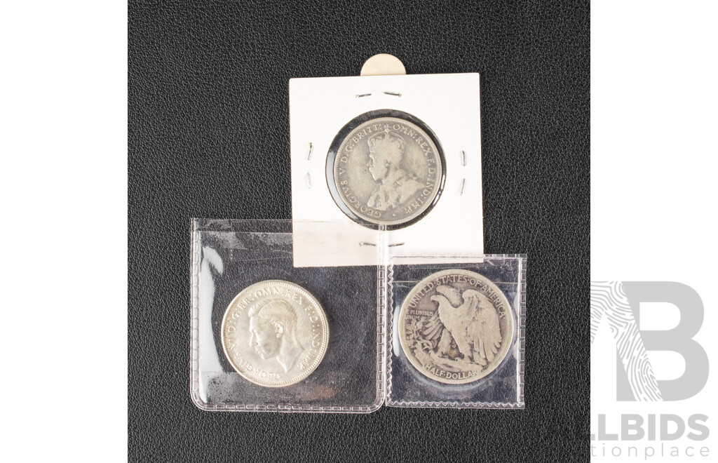 Australian 1933 KGV Silver Florin, 1944S Florin High Grade, USA 1918 Silver Walking Liberty Half Dollar