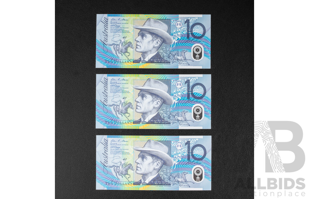 Three Australian 2008 Ten Dollar Notes, Stephens/Henry, Consecutive BA08598291 - BA08598293