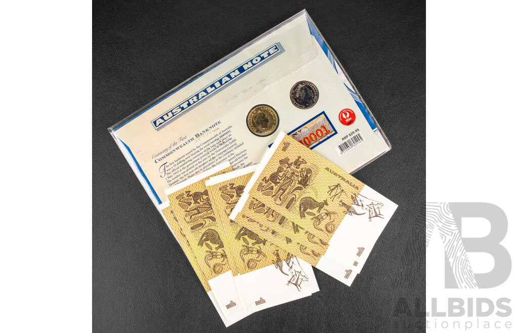 Ten Australian 1982 UNC One Dollar Notes, Johnston/Stone R78, Consecutive DJN 352456 - DJN 352465 and 2013 Centenary of the First Commonwealth Banknote Two Coin PNC