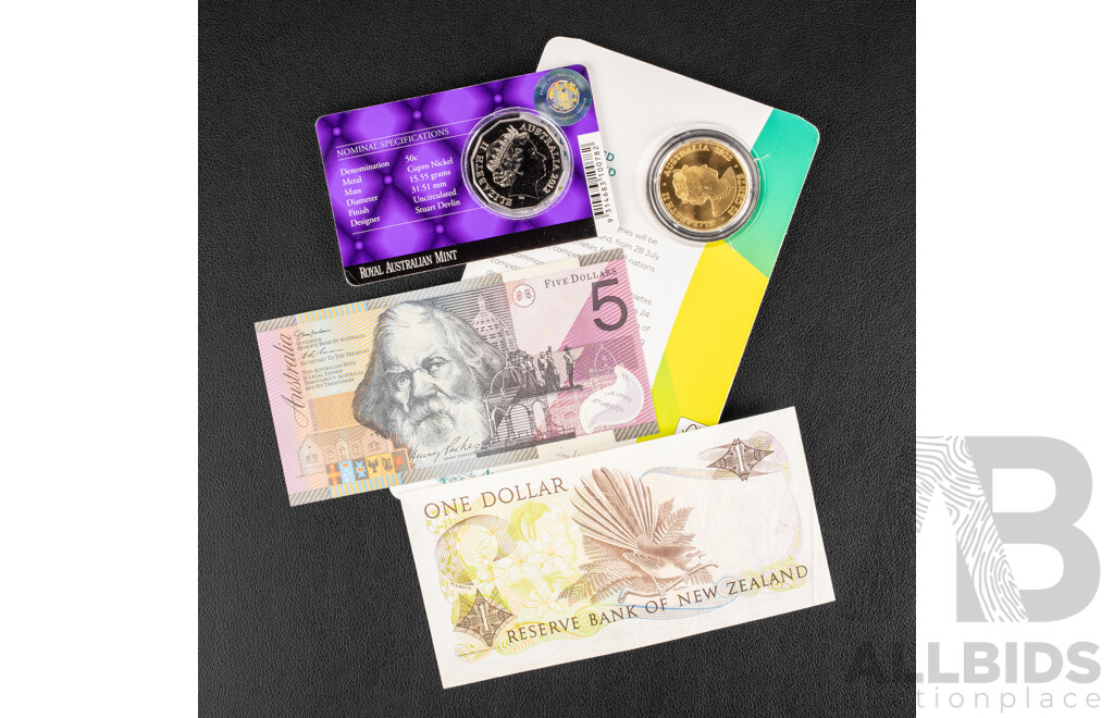 Australian 2001 UNC Five Dollar Note, 2012 Fifty Cent, Diamond Jubilee, 2022 Gold Plated Fifty Cent, Commonwealth Games, New Zealand QE2 One Dollar Note