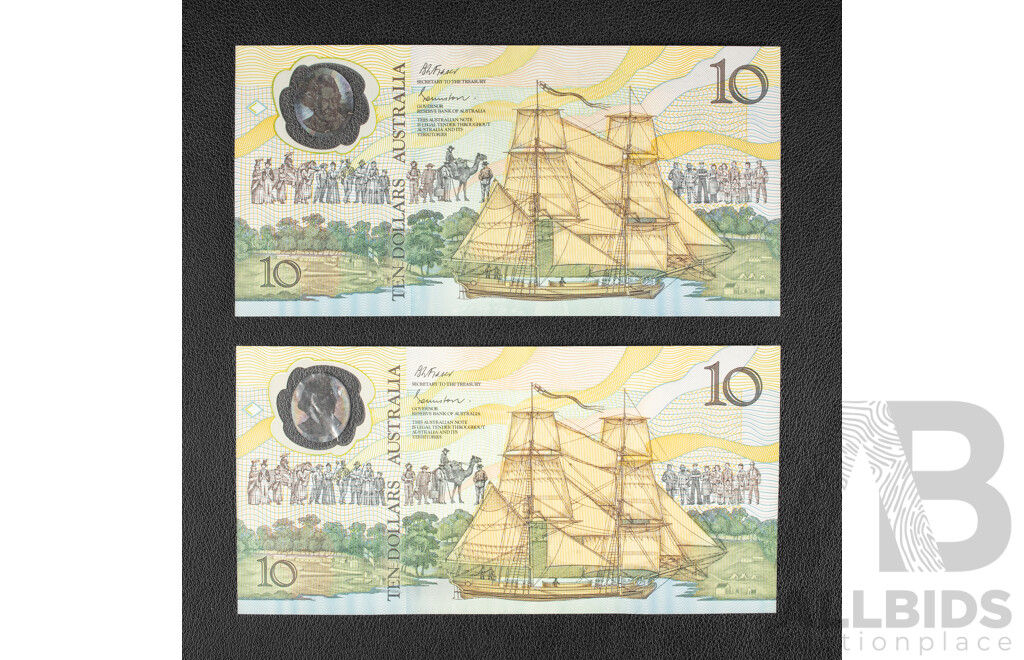 Two Australian 1988 UNC Ten Dollar Notes, Bicentennial Fraser/Evans R310b