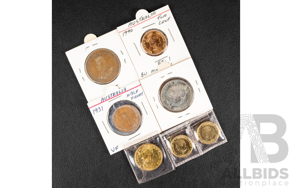 Australian 1914 Penny, 1931 Half Penny, Two 2025 Two Dollar Coins, Australian Open, 1984 UNC One Dollar Coin, 2001 UNC Twenty Cent, Federation Norfolk Island, 1990 UNC Two Cent