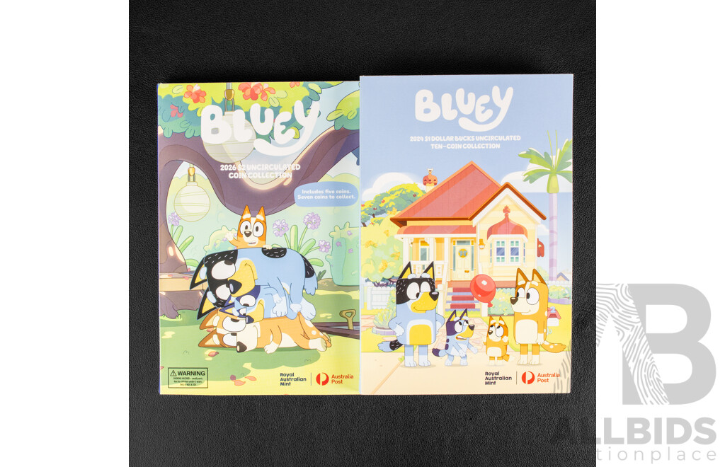 Australian 2024 UNC One Dollar Coin Set, Bluey Dollar Bucks, and 2026 Two Dollar Coin Folder, Bluey with Two Coins