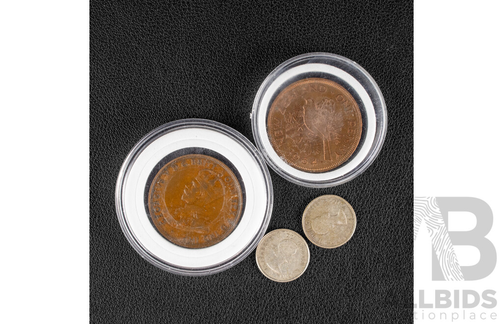 Australian 1927 KGV Penny, New Zealand 1964 QE2 Penny, Two Canadian 1961 and 1963 Silver Ten Cents