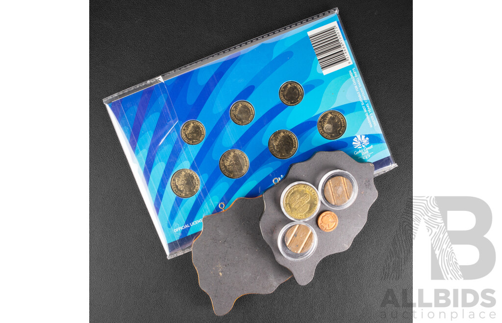Australian RAM 2018 Seven Coin Collection, XXI Commonwealth Games, Two Fiji Souvenir Coin and Stamp Sets, Two Vintage Italian Phone Tokens, New Zealand Tourist Dollar, Australian School One Cent