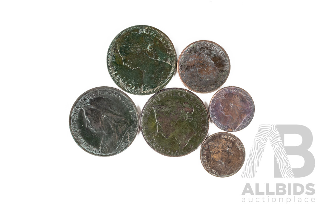 Collection of Antique Great Britain Coins Including 1867, 1897 QV Pennies, 1799 KGIII, 1881, 1901 QV, Farthings Jersey 1877 QV Twelfth of a Shilling