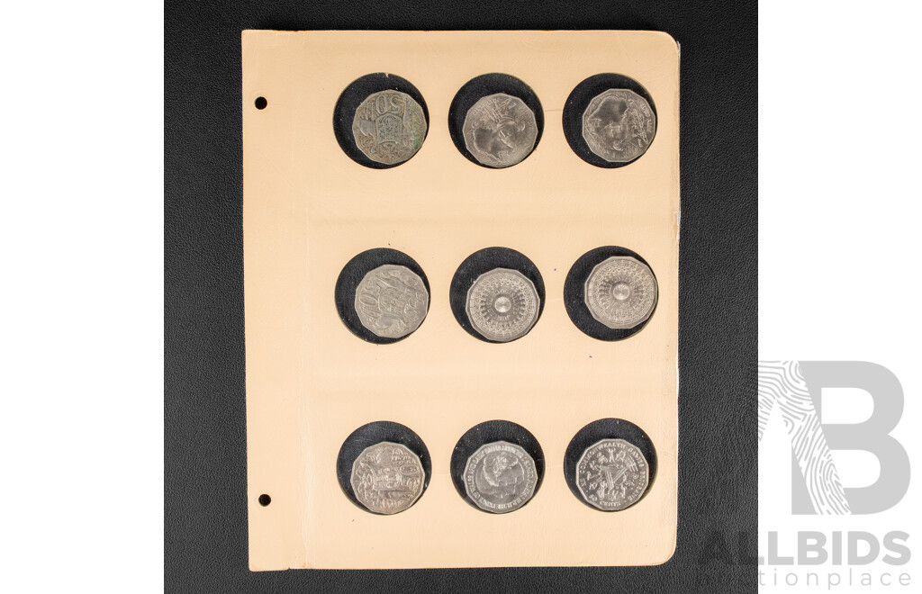 Eighteen Australian Fifty Cent Coins Spanning 1970 to 2015 with 1946 Penny and Half Penny