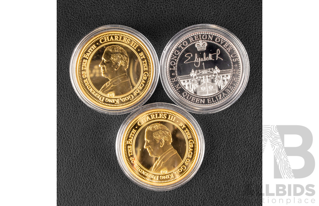 Three Royal Commemorative Coins Including Platinum Plated 1947 Queen Elizabeth II Marriage to Prince Phillip, Gold Plated King Charles III/Queen Elizabeth II Funeral, Gold Plated King Charles III First Visit to Australia