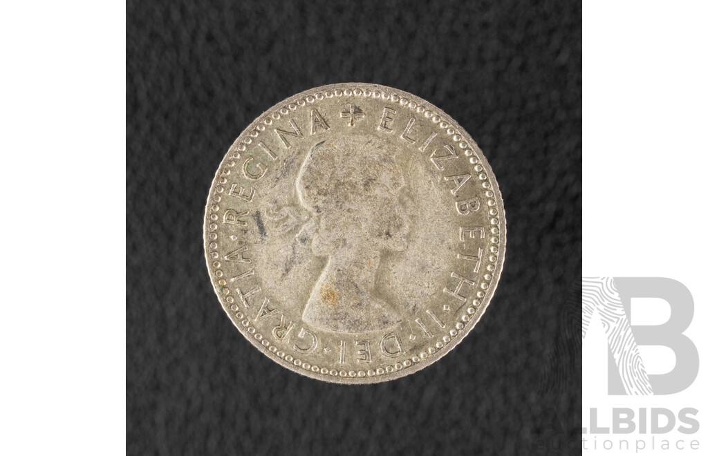 Australian 1954 Silver Sixpence with Die Crack .500