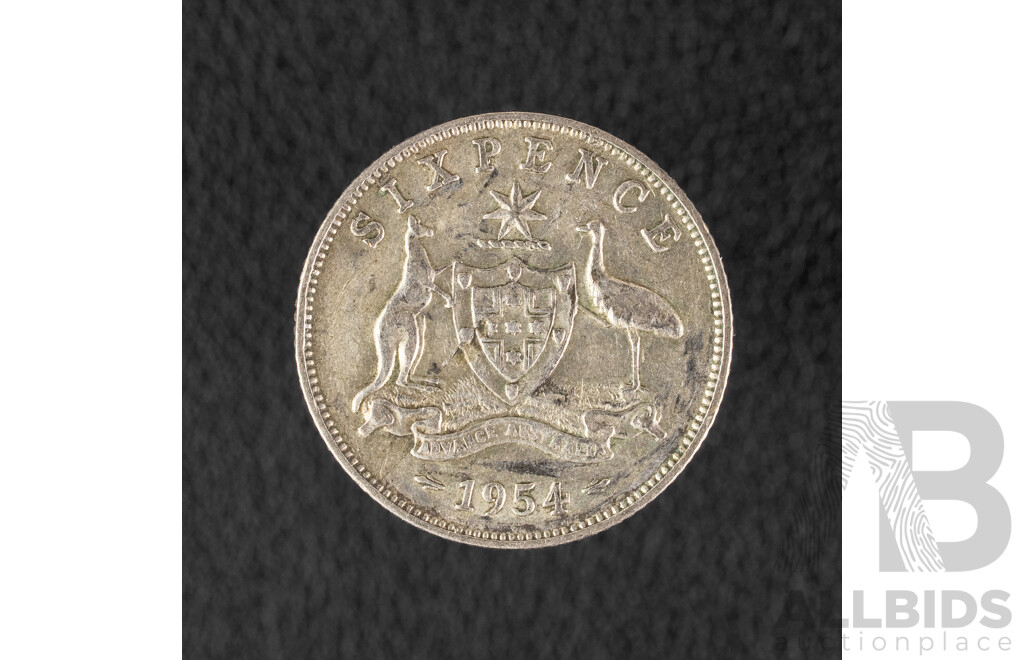 Australian 1954 Silver Sixpence with Die Crack .500