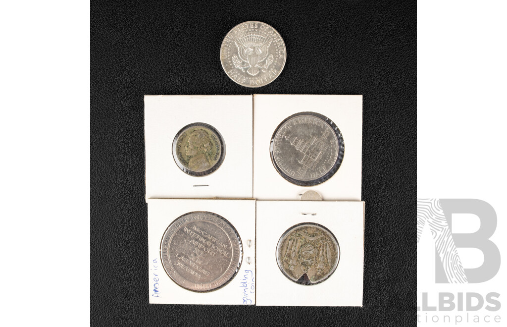 USA 1943 Silver Five Cents, 1967 Silver Kennedy Half Dollar, 1976 Kennedy Half Dollar, McCarran International Airport Gambling Token, North Borneo 1903 Five Cents, Edge Clipped