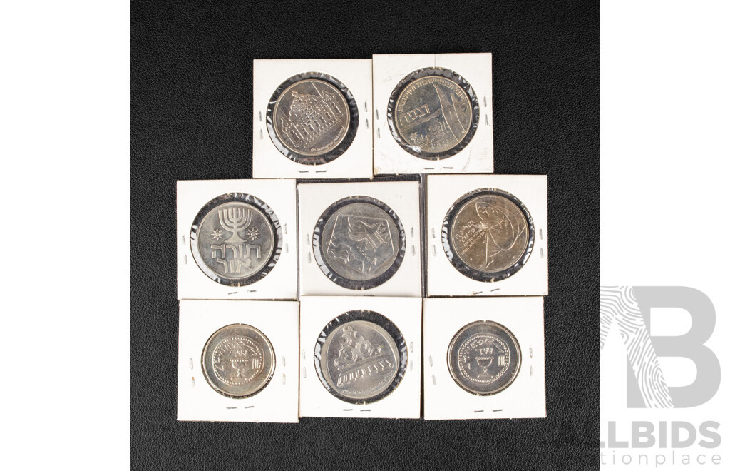 Eight Israeli UNC Commemorative One Lira Coins Including 1958, 1960(2) 1961(2), 1962(2), 1963
