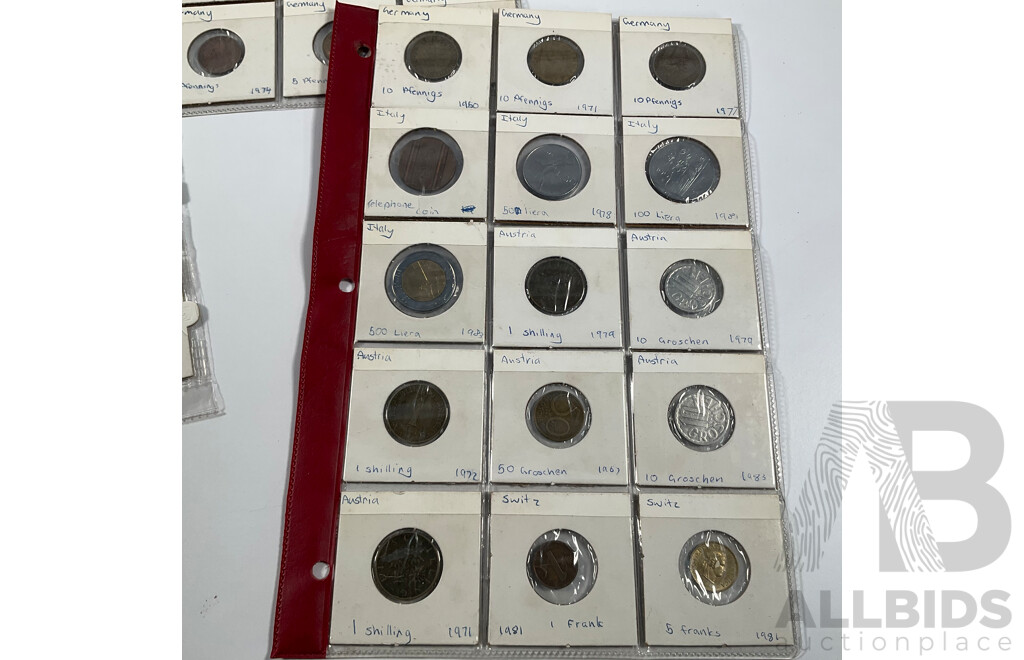 Collection of International Coins Including England, France, Italy, Singapore, Canada, USA, Switzerland, Germany, Austria and More