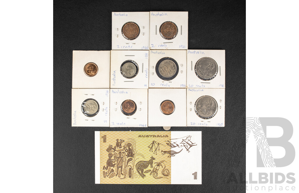 Australian 1982 One Dollar Banknote, Johnston/Stone with One, Two, Ten, Twenty Cent Coins Spanning 1966 to 1988 Including Ex Mint Set and High Grade