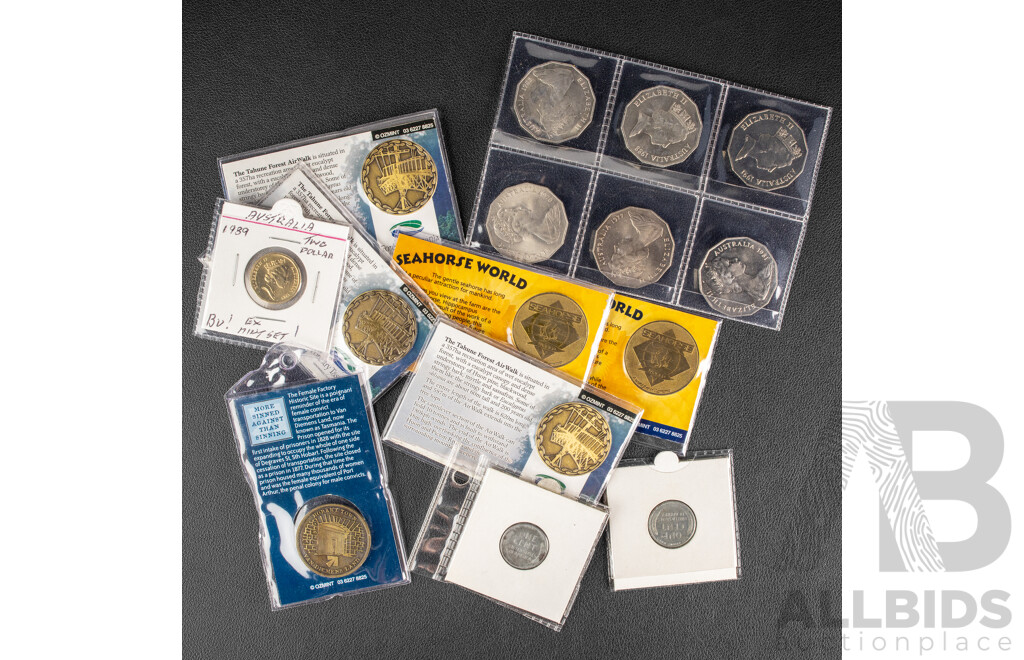 Six Australian Commemorative Fifty Cent Coins, 1970, 1977, 1981, 1982, 1988, 1991, UNC 1989 Two Dollar Coin, Two USA 1943S Steel One Cent Coins, Three Forestry Tasmania Medallions................................