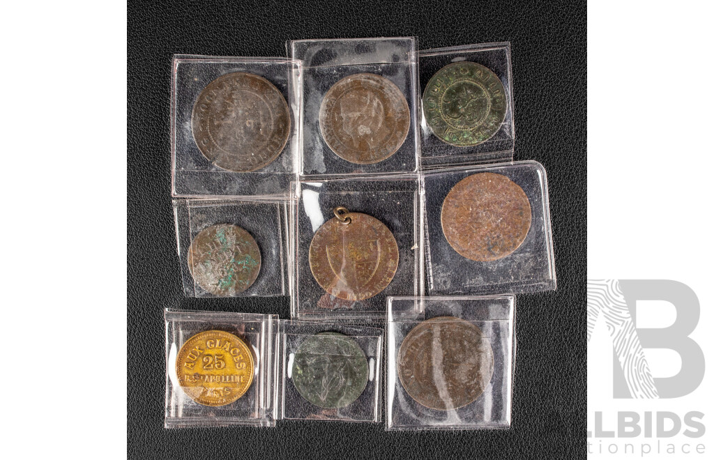 Collection of Antique Coins Including Netherlands East Indies/Indonesia 1730, 1837 One Duit, 1869 One Cent, 1826 Half Stuiver, Great Britain 1790 One Guinea, Hong Kong 1877, 1904(Die Crack) One Cent....................
