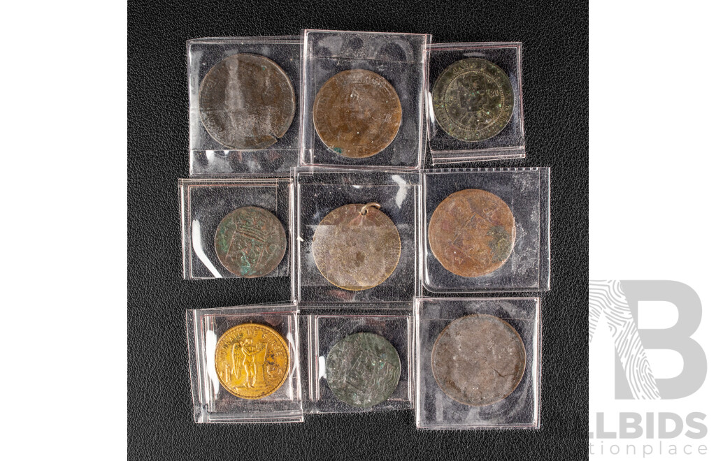 Collection of Antique Coins Including Netherlands East Indies/Indonesia 1730, 1837 One Duit, 1869 One Cent, 1826 Half Stuiver, Great Britain 1790 One Guinea, Hong Kong 1877, 1904(Die Crack) One Cent....................