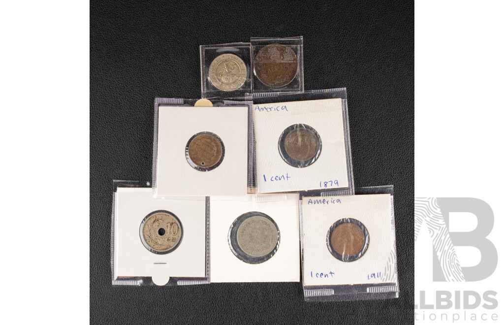 Collection of Antique Coins Including USA 1859, 1911 One Cents, 1879 Indian Head One Cent, Greece 1882 Five Lepta, Belgium 1862, 1902 Ten Centimes, Uruguay 1901 Five Cents