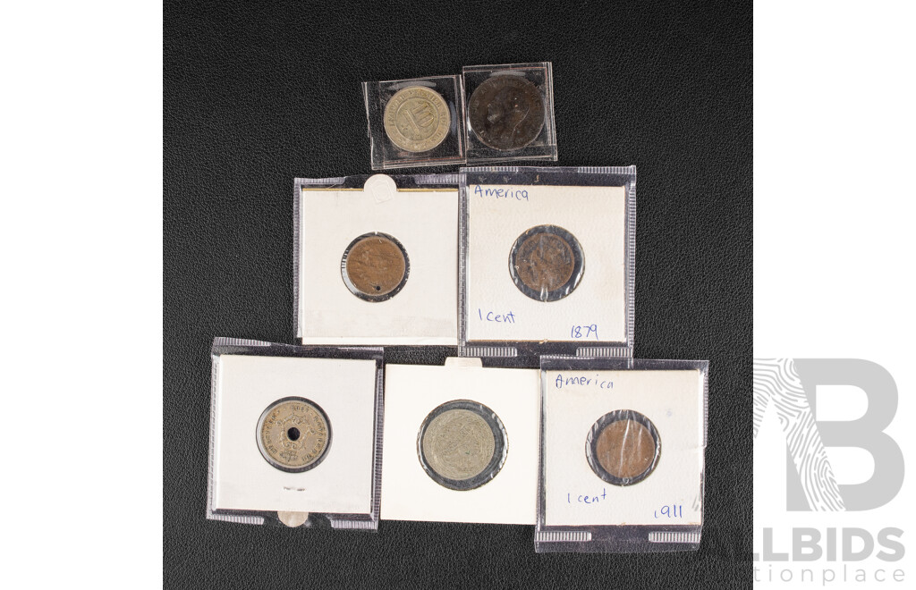 Collection of Antique Coins Including USA 1859, 1911 One Cents, 1879 Indian Head One Cent, Greece 1882 Five Lepta, Belgium 1862, 1902 Ten Centimes, Uruguay 1901 Five Cents