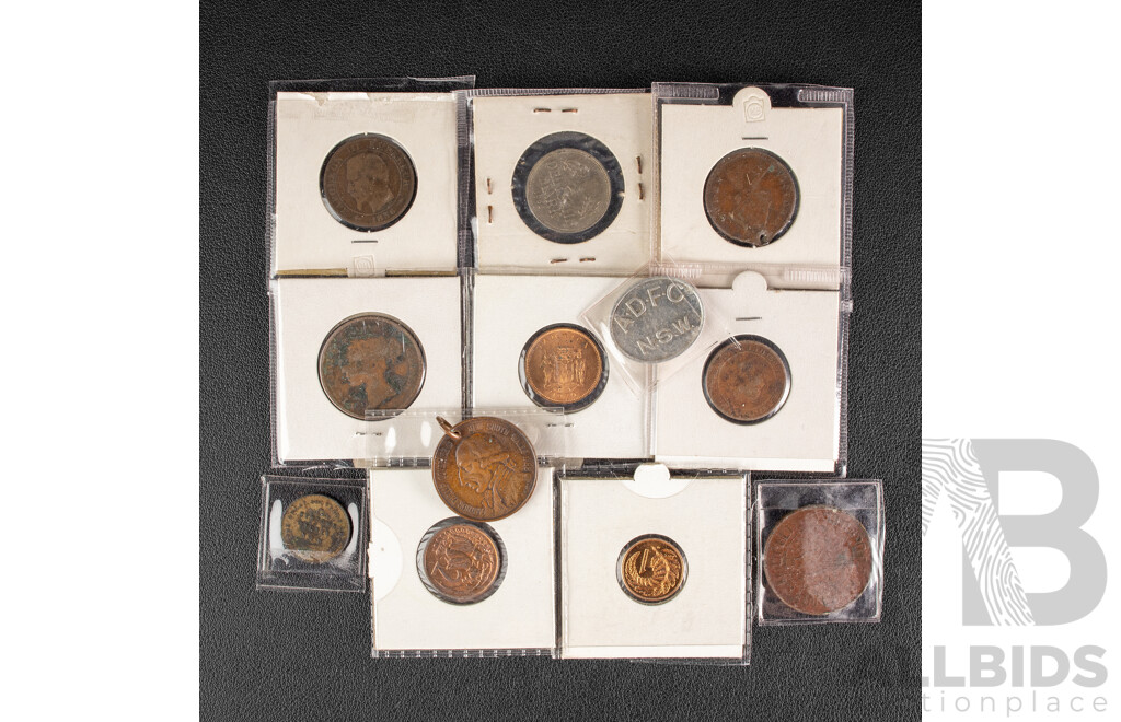 Collection of Antique/Vintage Coins and Tokens Including Australian 1890 Great Southern Draper Medallion, One Penny Milk Bottle Token, 1938 Australia 150th Anniversary Medal, France 1856 Five Centimes, Germany 1955 One Mark..........................