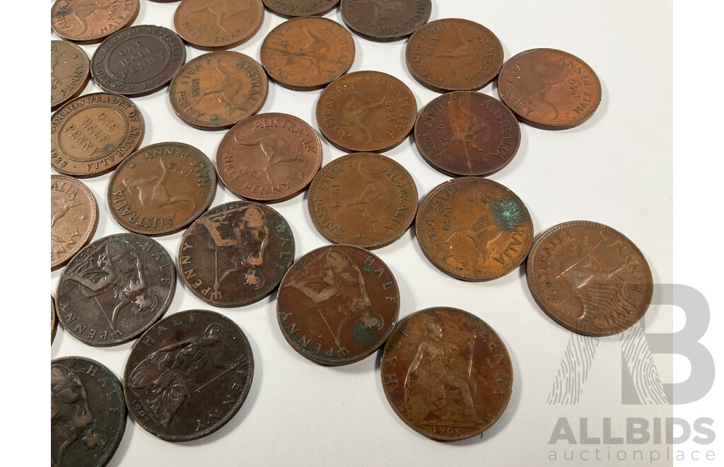 Collection of Australian Half Pennies Spanning 1926 to 1961 and Great Britain Half Pennies Spanning 1901 to 1914